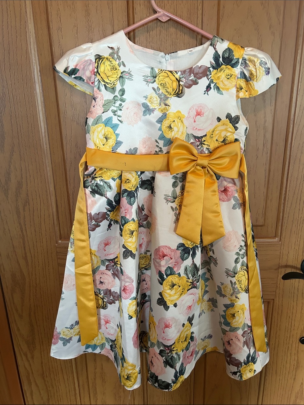Floral Satin A-Line Dress with Yellow Sash for Girls